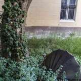 Ci affacciamo tra le inferriate e quello che vediamo � un giardino dalla vegetazione incolta costellato di ombrelli...